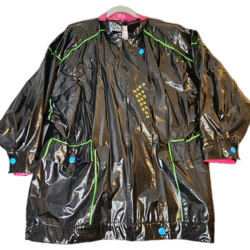 Vintage Kenn Sporn For Wippette Rain‎ Jacket Womens Sz L Black 80s Retro Vinyl
